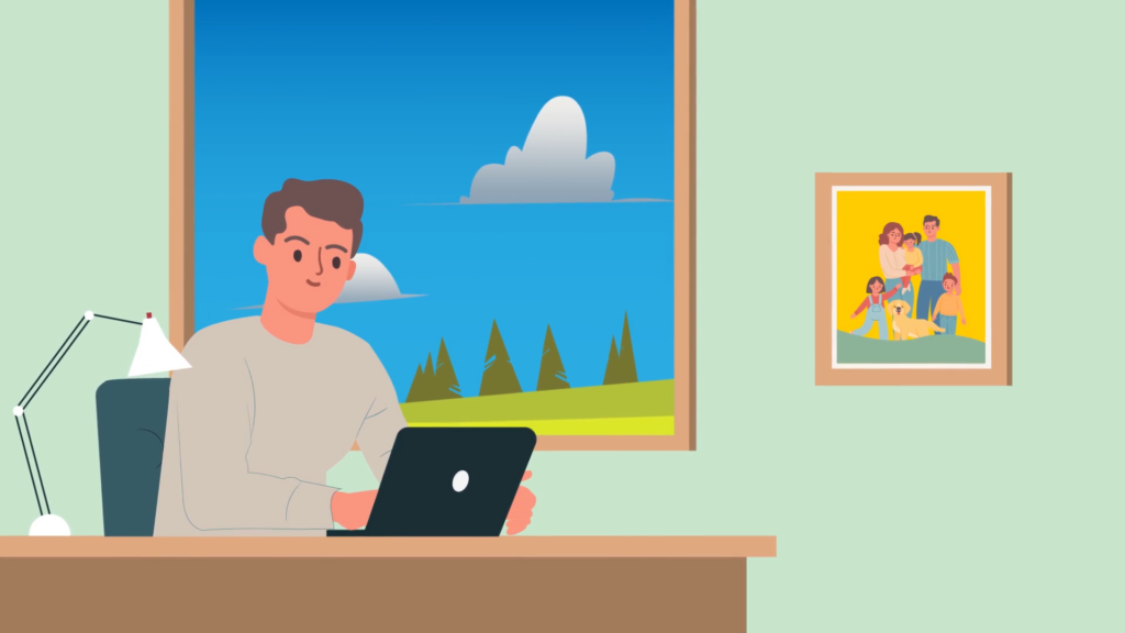 Clipart graphic of a man working on a laptop.