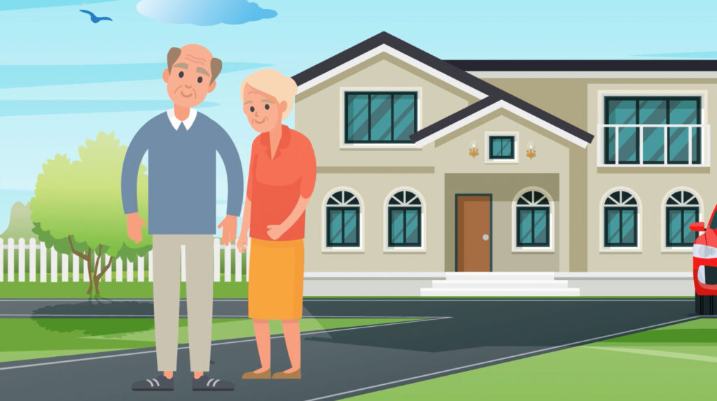 cartoon graphic of an older adult outside of a large retirement home