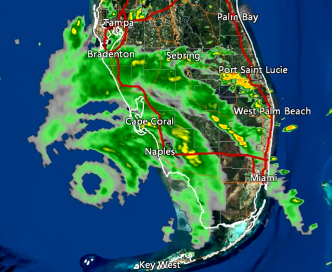 Weather radar map of Florida showing hurricane bands