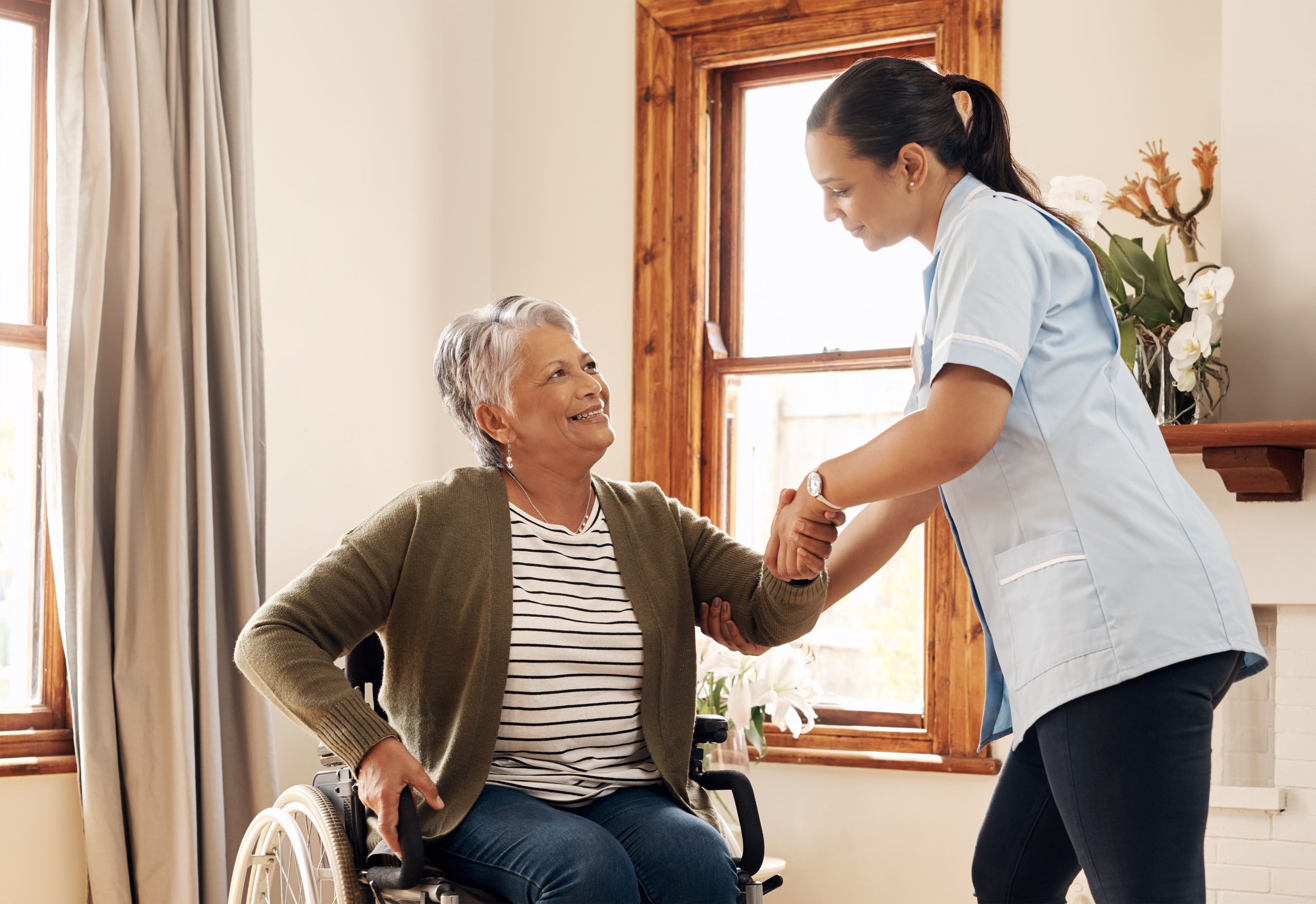 Female healthcare worker assisting senior woman in wheelchair