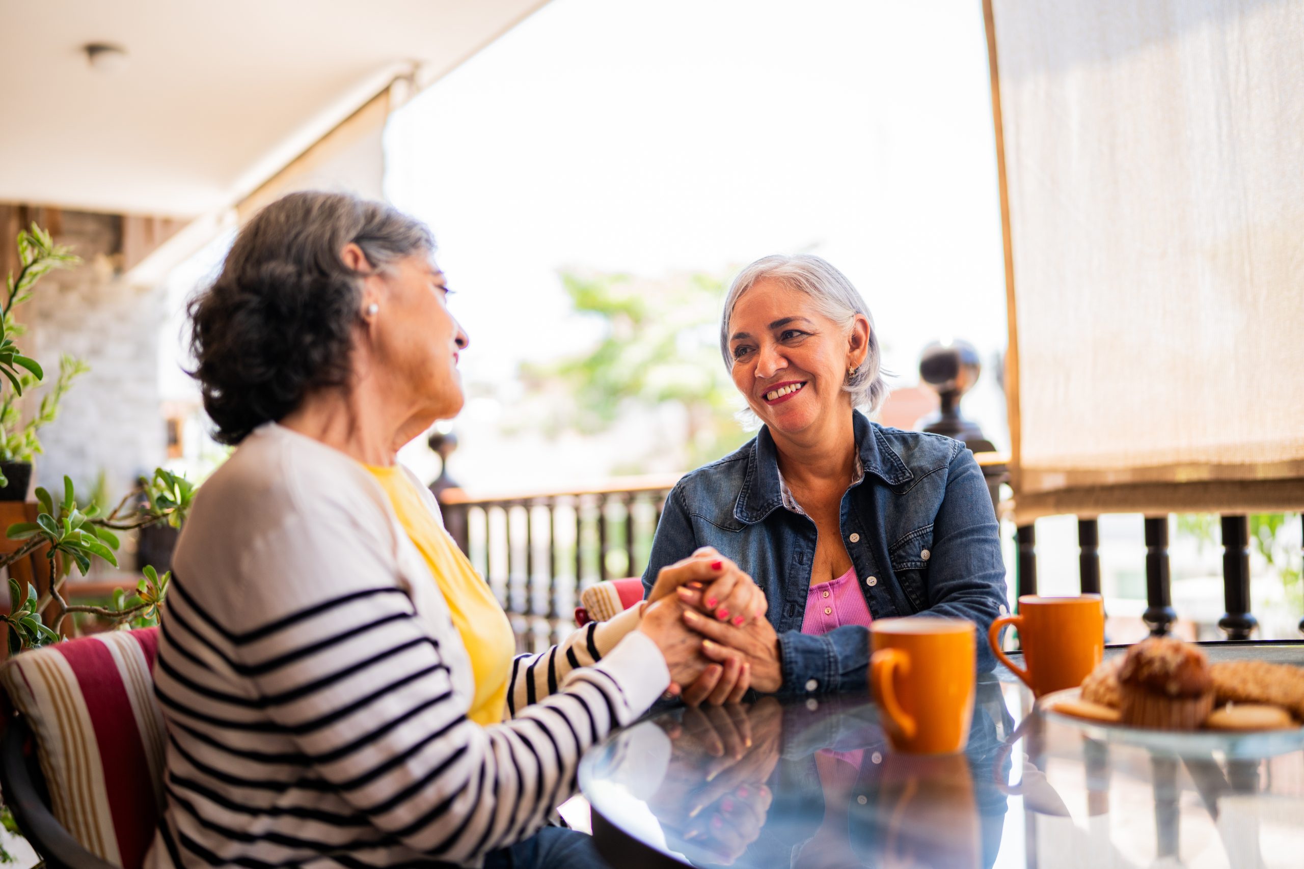 Two senior friends holding hands while having afternoon tea